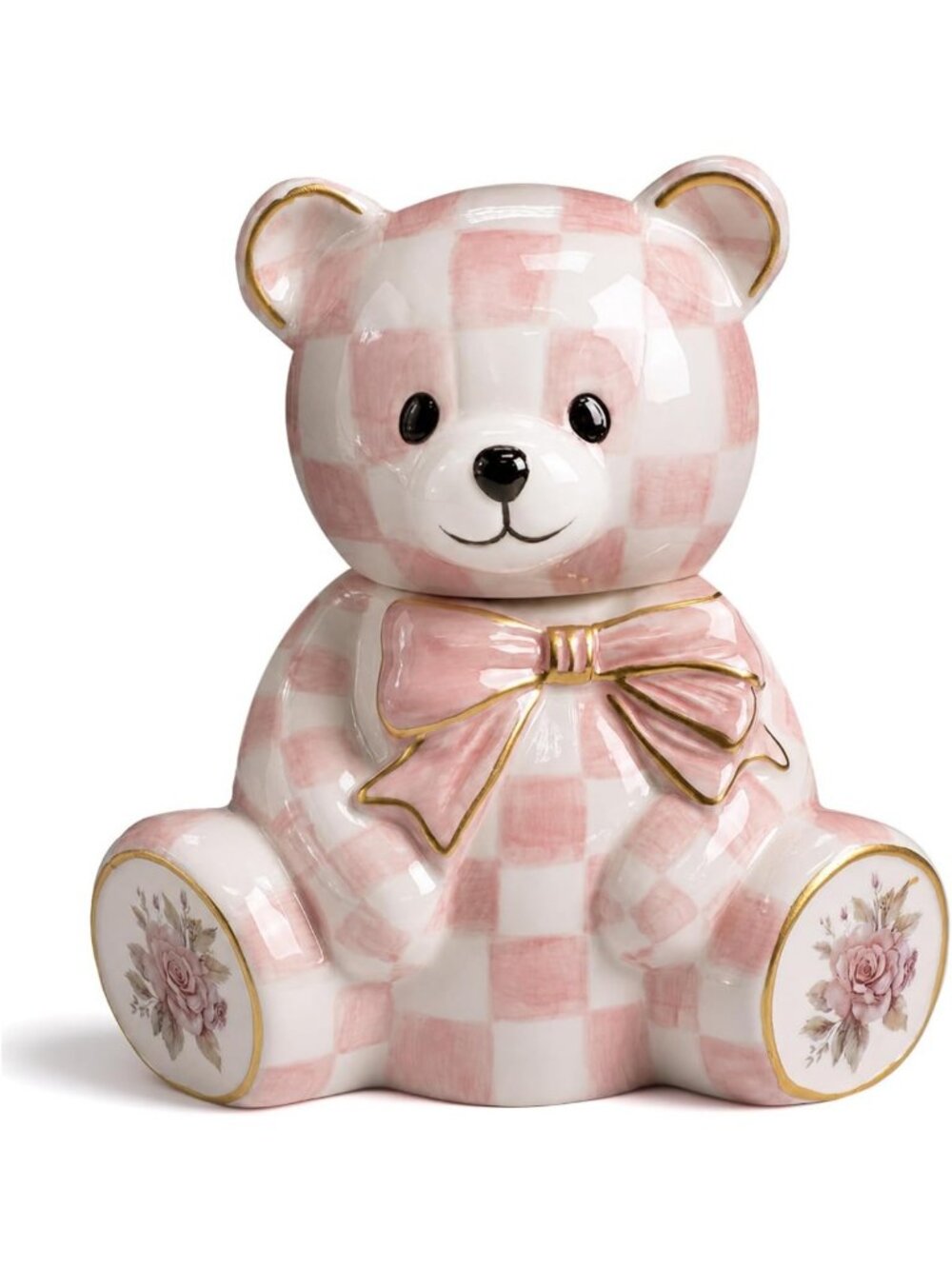 Charming Large Pink Ceramic Bear Bank with Gingham Bow - Cute Coin Savings Box